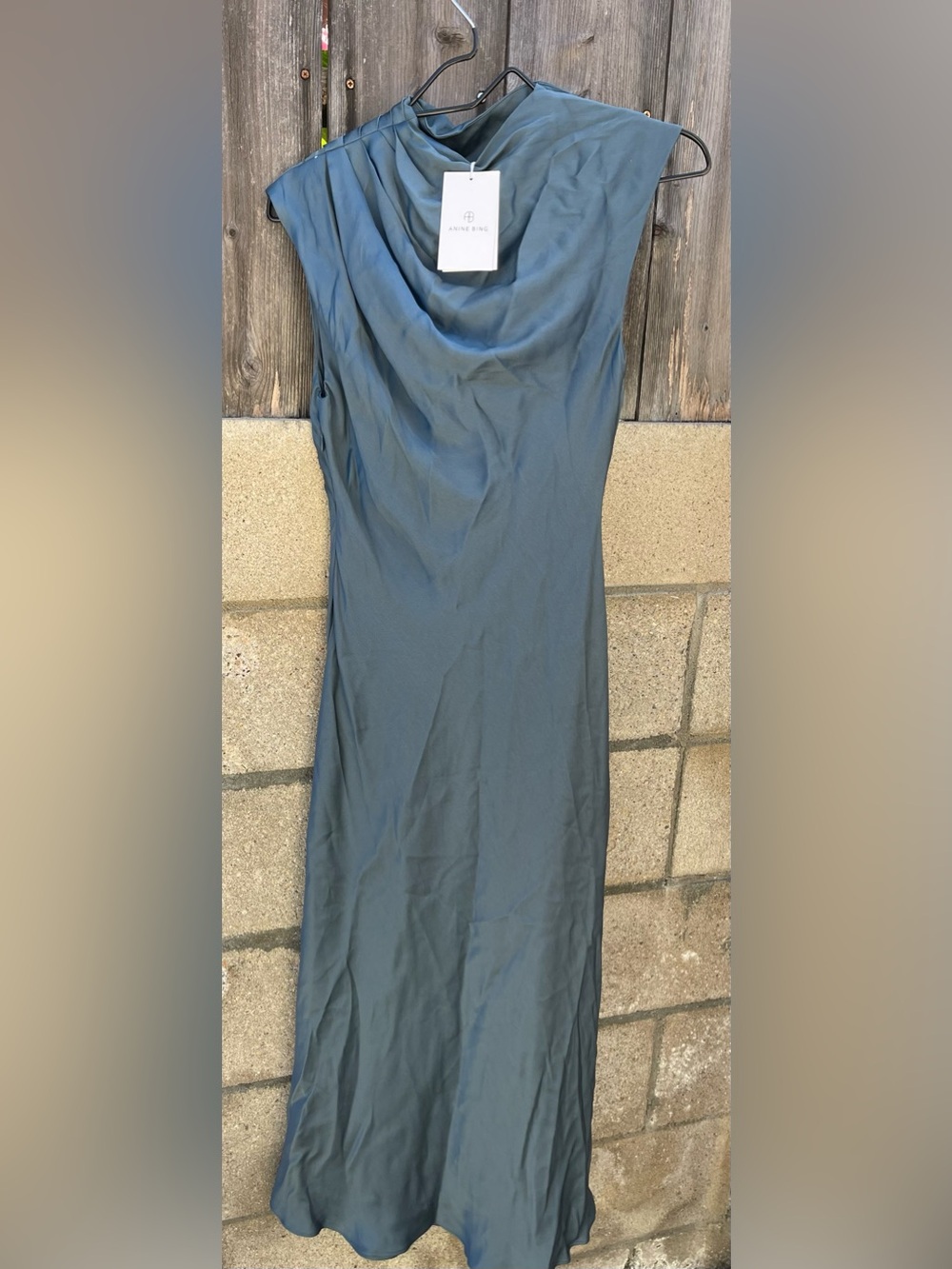 ANINE BING Samantha Dress Steel Blue 100% Silk Satin Mock Neck Bias Cut Size S - Picture 9 of 16